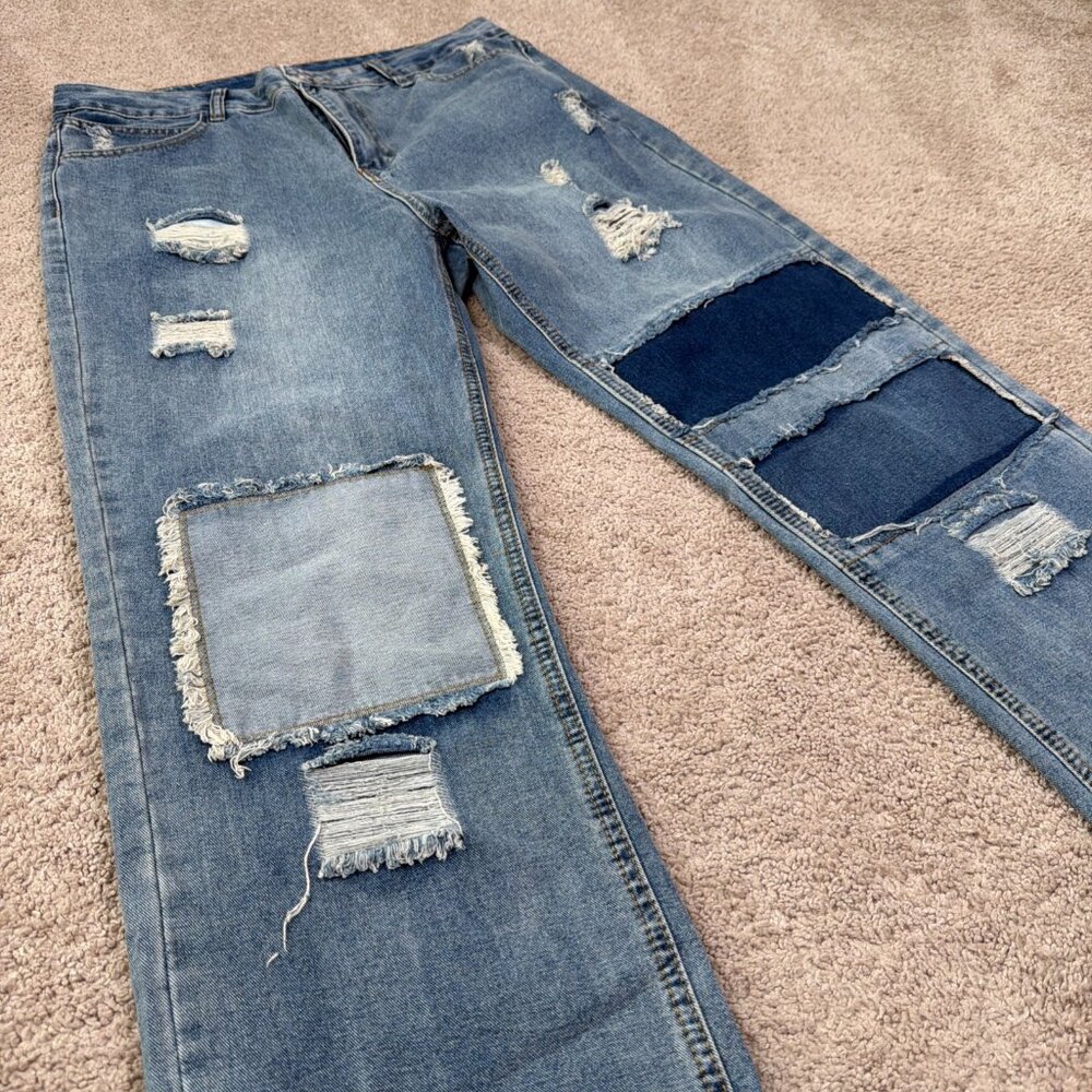 Patchwork Boho Wide Leg Jeans Womens L Blue Patch Distressed Indie Festival - Picture 3 of 10